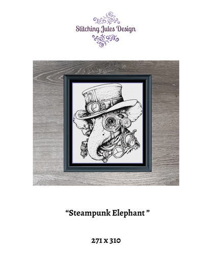 Stitching Jules Design Cross Stitch Pattern Steampunk Elephant Counted Cross Stitch Pattern | Monochrome | Instant Download PDF