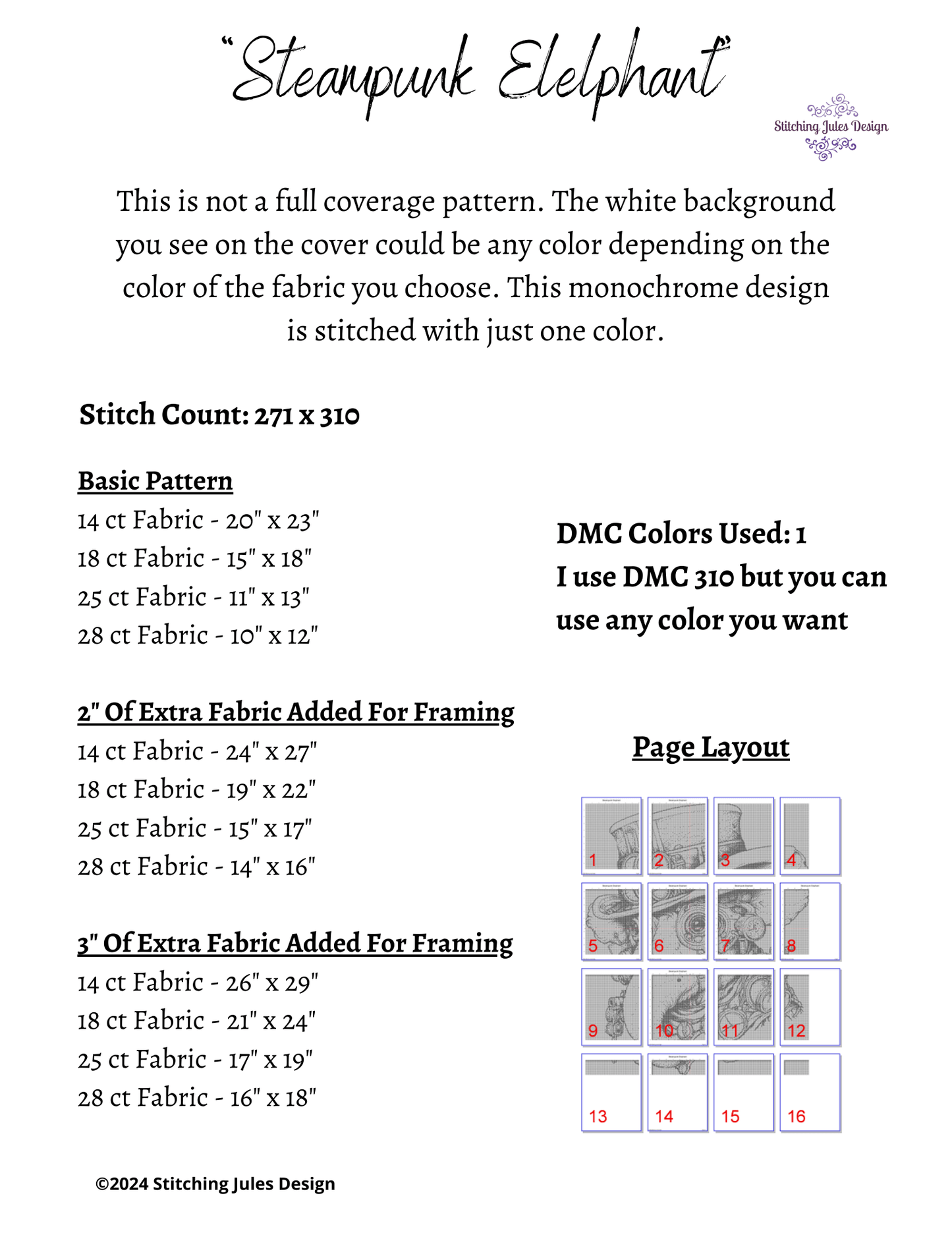 Stitching Jules Design Cross Stitch Pattern Steampunk Elephant Counted Cross Stitch Pattern | Monochrome | Instant Download PDF