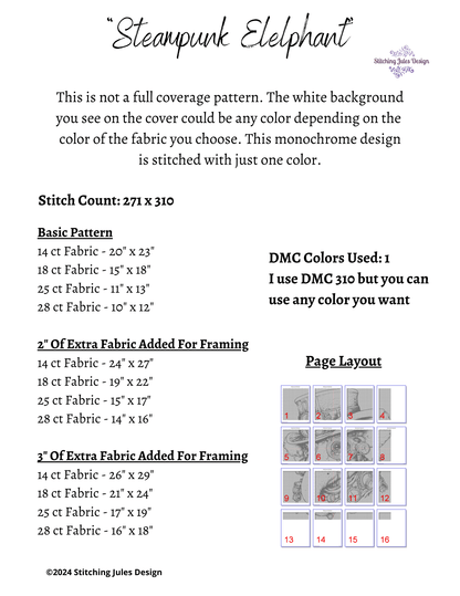 Stitching Jules Design Cross Stitch Pattern Steampunk Elephant Counted Cross Stitch Pattern | Monochrome | Instant Download PDF