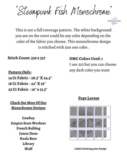 Stitching Jules Design Cross Stitch Pattern Steampunk Fish Monochrome Cross Stitch Pattern Instant PDF Download