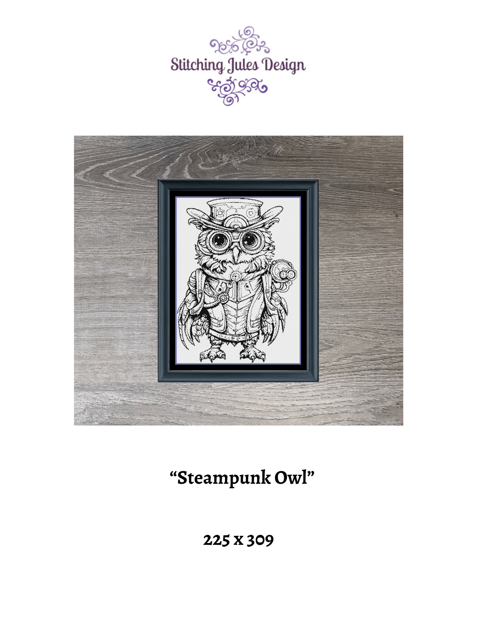Stitching Jules Design Cross Stitch Pattern Steampunk Monochrome Owl Counted Cross Stitch Pattern | Instant Download PDF