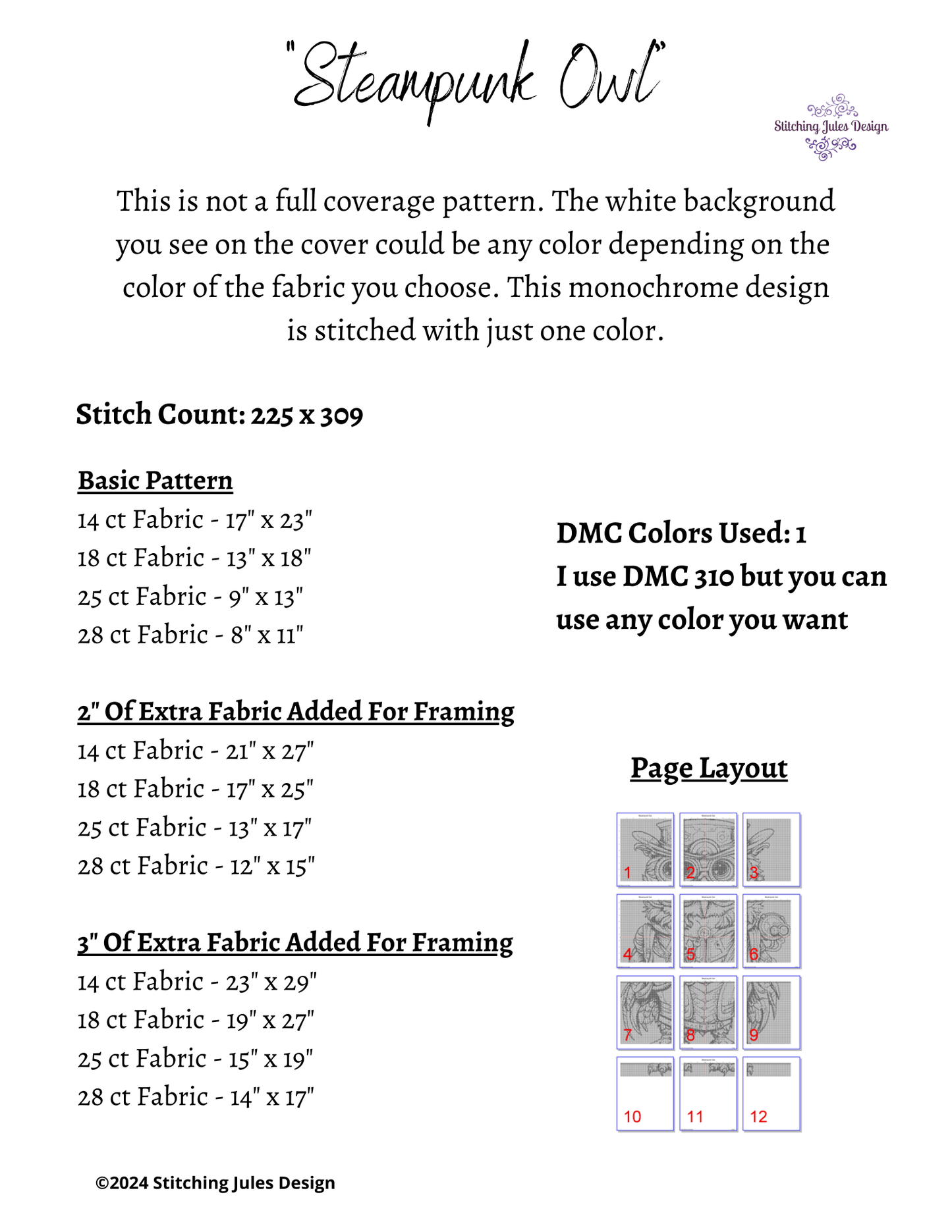 Stitching Jules Design Cross Stitch Pattern Steampunk Monochrome Owl Counted Cross Stitch Pattern | Instant Download PDF