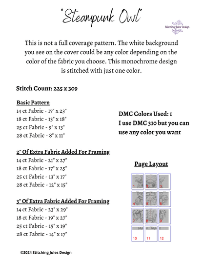 Stitching Jules Design Cross Stitch Pattern Steampunk Monochrome Owl Counted Cross Stitch Pattern | Instant Download PDF