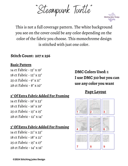 Stitching Jules Design Cross Stitch Pattern Steampunk Turtle Counted Cross-Stitch Monochrome Pattern | Instant Download PDF