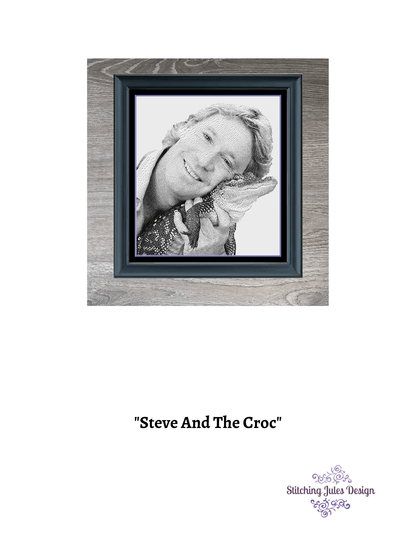 Stitching Jules Design Cross Stitch Pattern Steve Irwin Australian Crocodile Monochrome Cross Stitch Needlepoint Embroidery Pattern - Instant Download - Pattern Keeper Ready