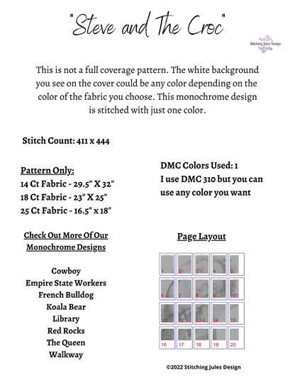 Stitching Jules Design Cross Stitch Pattern Steve Irwin Australian Crocodile Monochrome Cross Stitch Needlepoint Embroidery Pattern - Instant Download - Pattern Keeper Ready