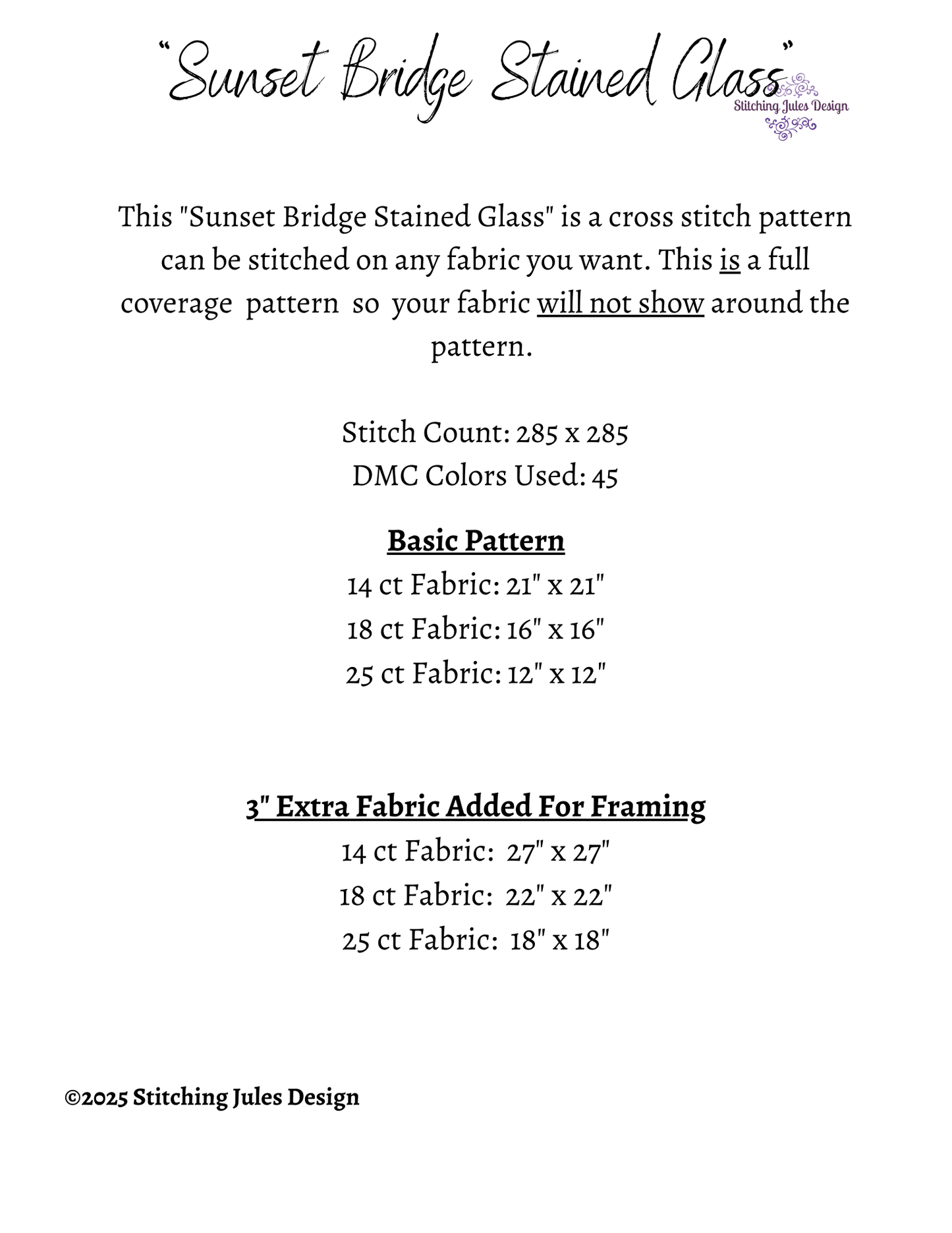 Stitching Jules Design Cross Stitch Pattern Summer Bridge Sunset Geometric Stained Glass Full Coverage Counted Cross Stitch Pattern Digital Download