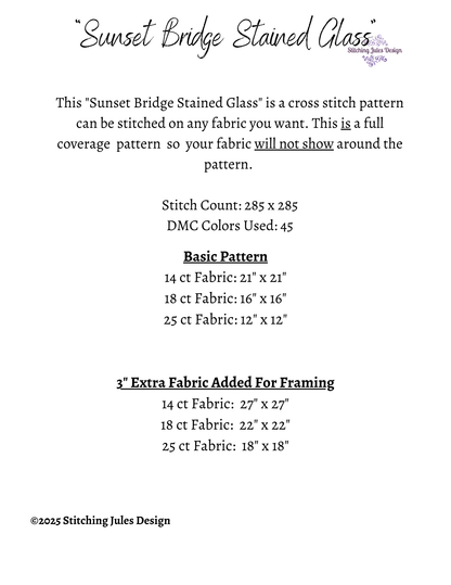 Stitching Jules Design Cross Stitch Pattern Summer Bridge Sunset Geometric Stained Glass Full Coverage Counted Cross Stitch Pattern Digital Download