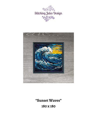 Stitching Jules Design Cross Stitch Pattern Sunset Ocean Waves Stained Glass Full Coverage Counted Cross Stitch Pattern