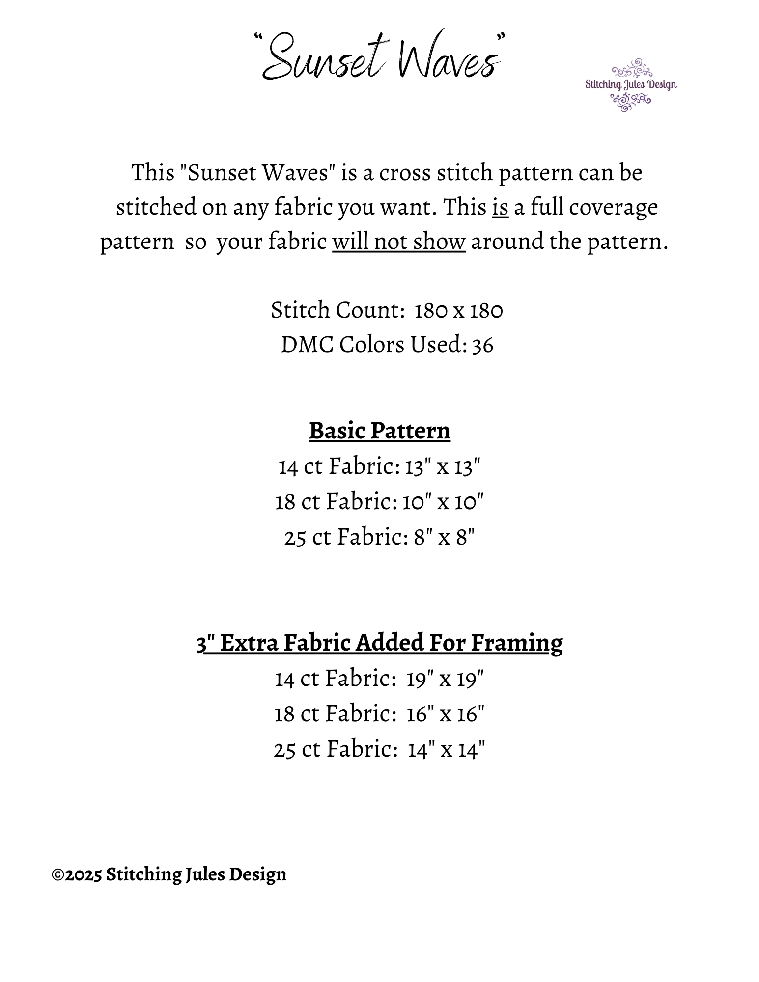 Stitching Jules Design Cross Stitch Pattern Sunset Ocean Waves Stained Glass Full Coverage Counted Cross Stitch Pattern