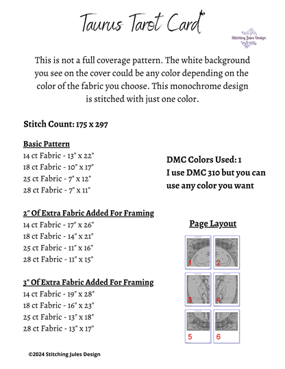 Stitching Jules Design Cross Stitch Pattern Taurus Tarot Card Counted Cross Stitch Pattern | Astrology Zodiac | Monochrome | Instant Download PDF