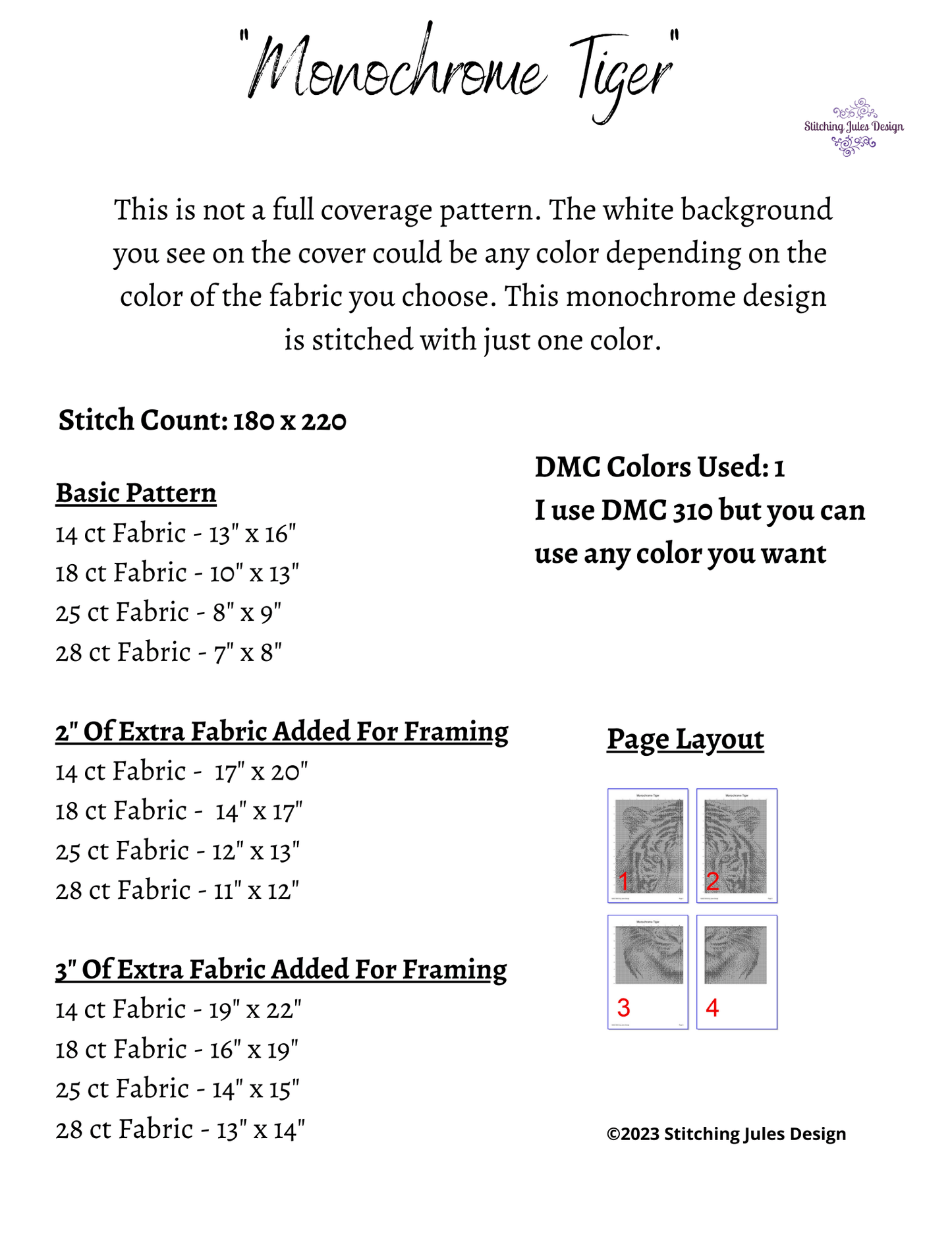 Stitching Jules Design Cross Stitch Pattern Tiger Cross Stitch Pattern | Animal Cross Stitch Pattern | Blackwork | Instant PDF Download Or Physical Pattern Options
