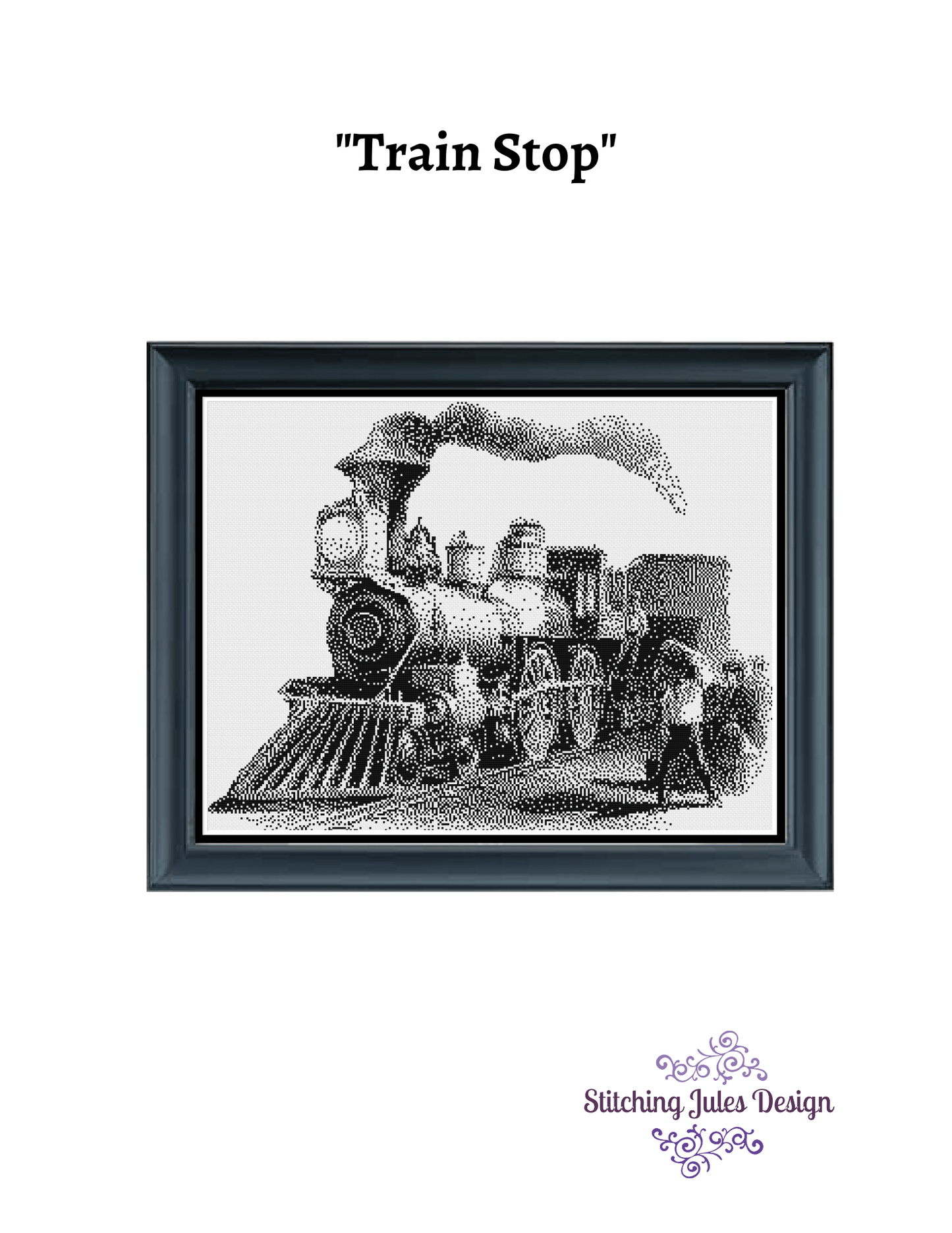 Stitching Jules Design Cross Stitch Pattern Train Stop Railroad Monochrome Cross Stitch Needlepoint Embroidery Pattern PDF Instant Download