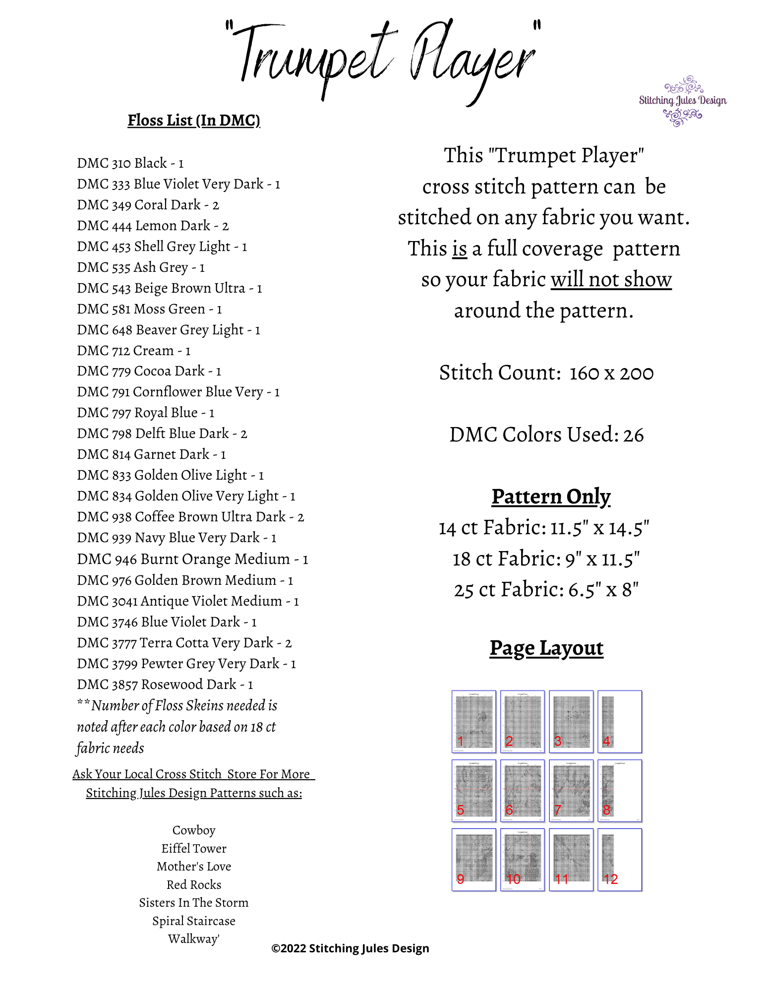 Stitching Jules Design Cross Stitch Pattern Trumpet Player Jazz Musician Art Cross Stitch Embroidery Needlepoint Pattern PDF Download - Ready For Pattern Keeper