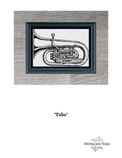Stitching Jules Design Cross Stitch Pattern Tuba Cross Stitch Pattern | Musical Instrument Cross Stitch Pattern | Blackwork | Instant PDF Download And Physical Pattern Options