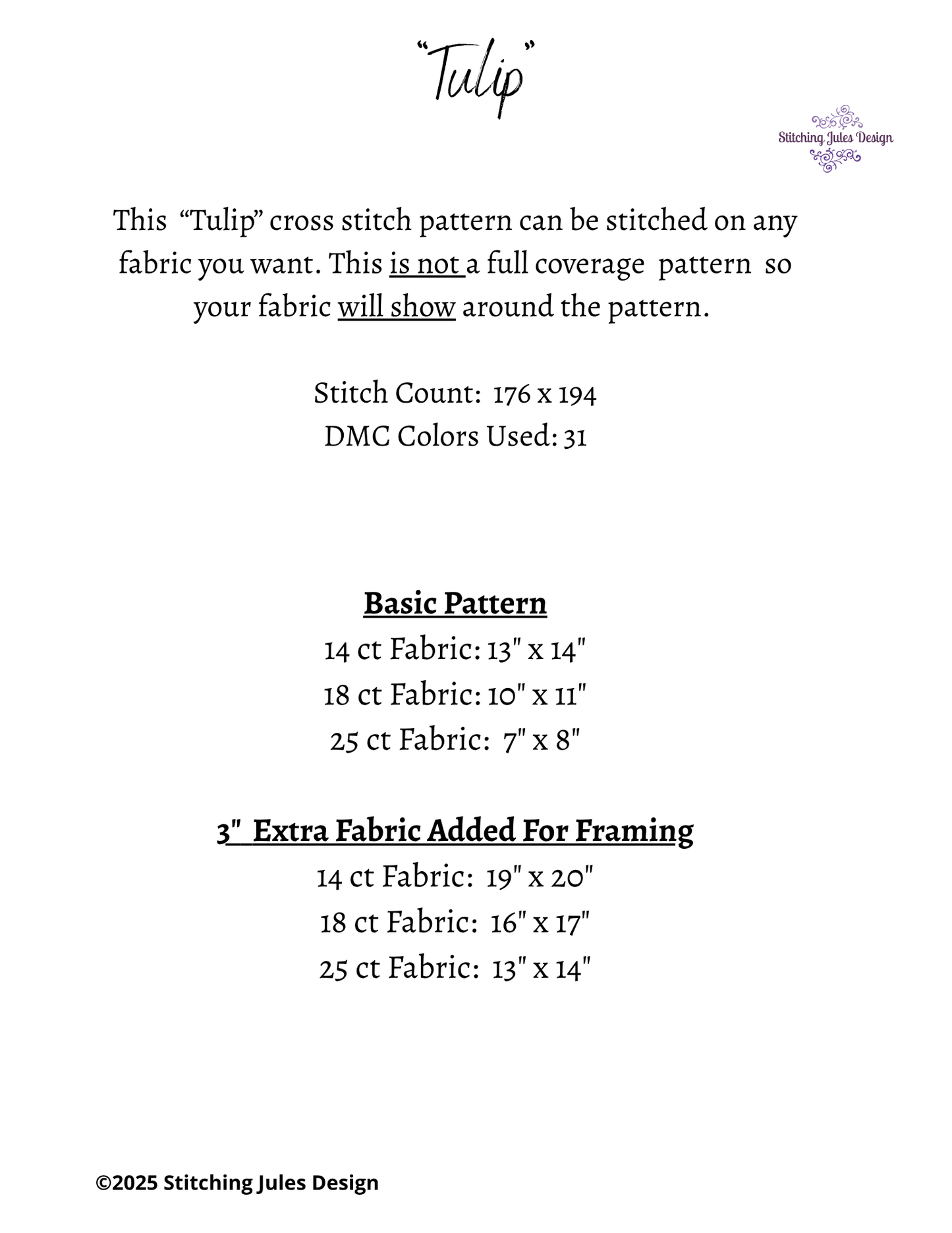 Stitching Jules Design Cross Stitch Pattern Tulip Flower Garden Floral Counted Cross-Stitch Pattern (Digital Download)