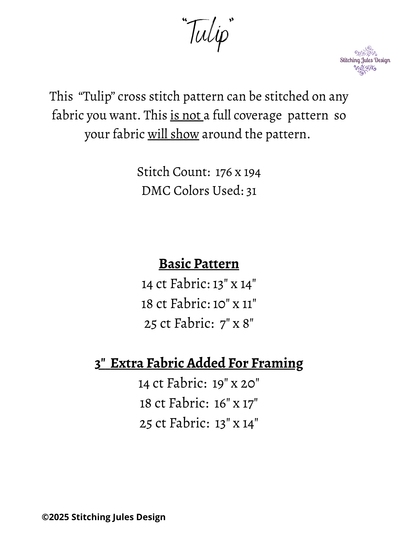 Stitching Jules Design Cross Stitch Pattern Tulip Flower Garden Floral Counted Cross-Stitch Pattern (Digital Download)