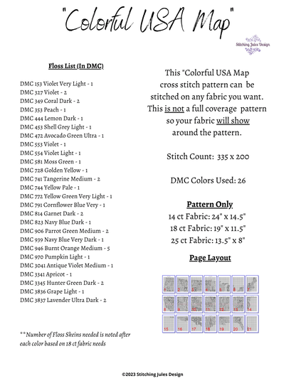 Stitching Jules Design Cross Stitch Pattern USA Map Cross Stitch Pattern | United States Cross Stitch Pattern | Map Cross Stitch Pattern