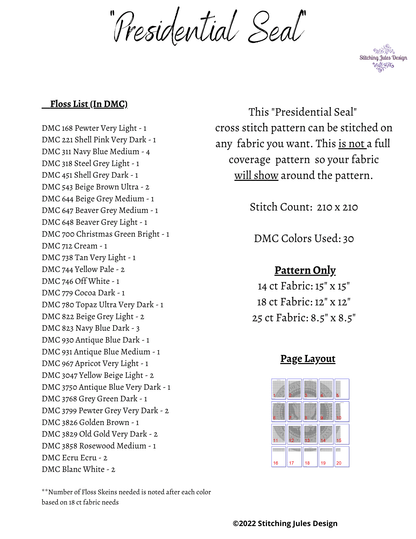 Stitching Jules Design Cross Stitch Pattern USA Presidential Seal Cross Stitch Pattern | American Presidents Cross Stitch Pattern | Physical Pattern And Instant PDF Download Pattern Options