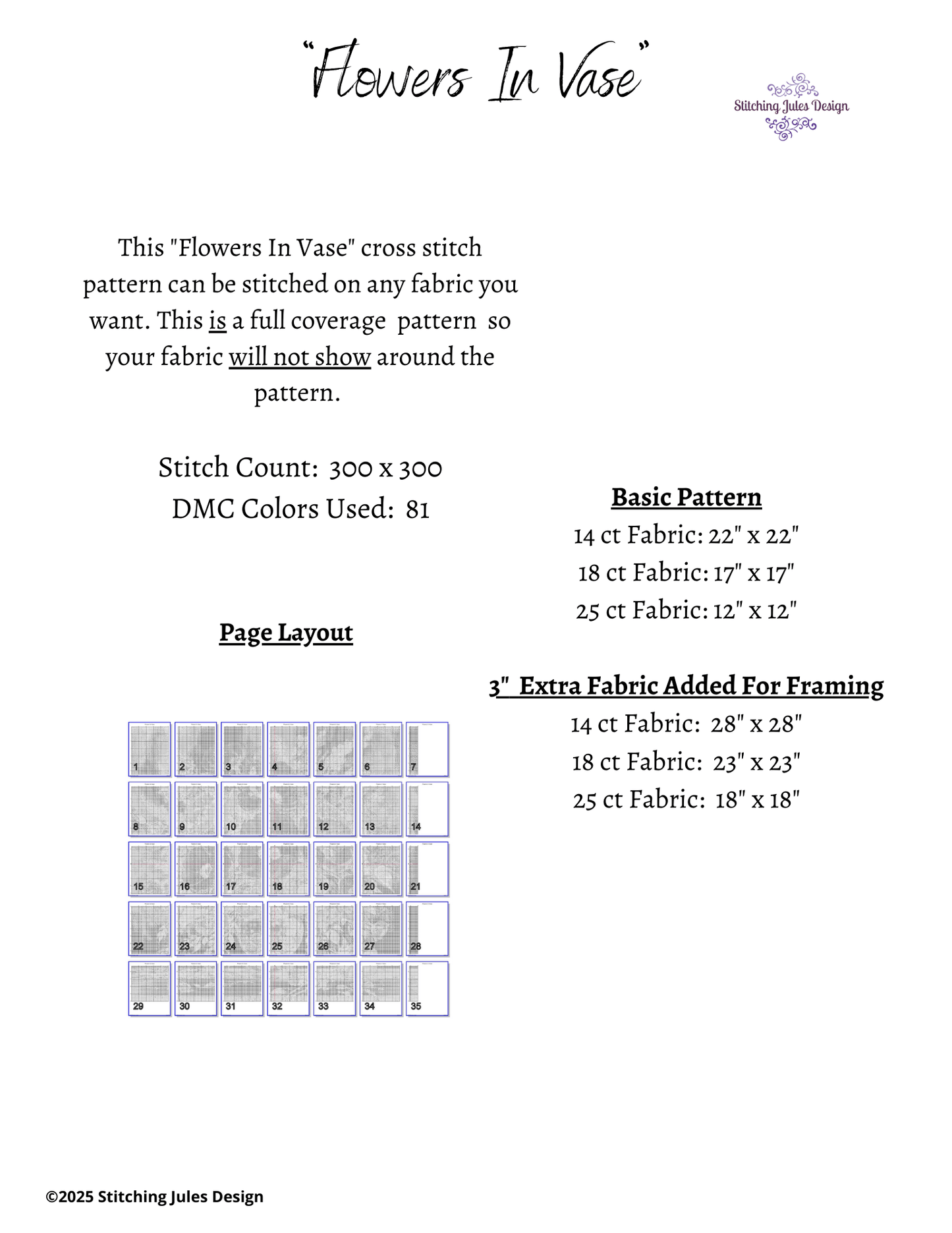 Stitching Jules Design Cross Stitch Pattern Vase Of Flowers Floral Large Full Coverage Counted Cross Stitch Pattern Digital Download