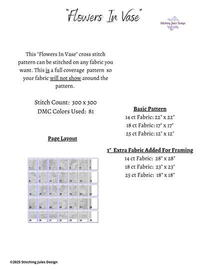 Stitching Jules Design Cross Stitch Pattern Vase Of Flowers Floral Large Full Coverage Counted Cross Stitch Pattern Digital Download