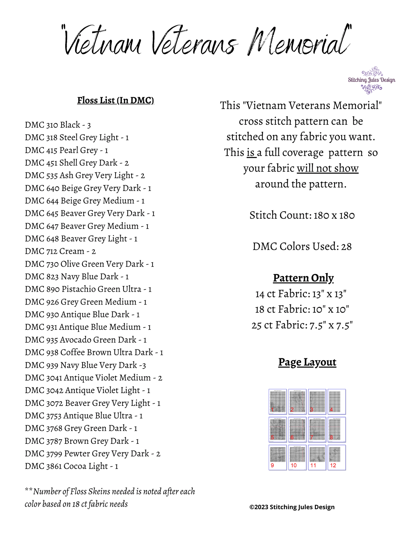 Stitching Jules Design Cross Stitch Pattern Vietnam Veterans Memorial Cross Stitch Pattern | Military Cross Stitch Pattern | Physical And Digital PDF Download Pattern Options