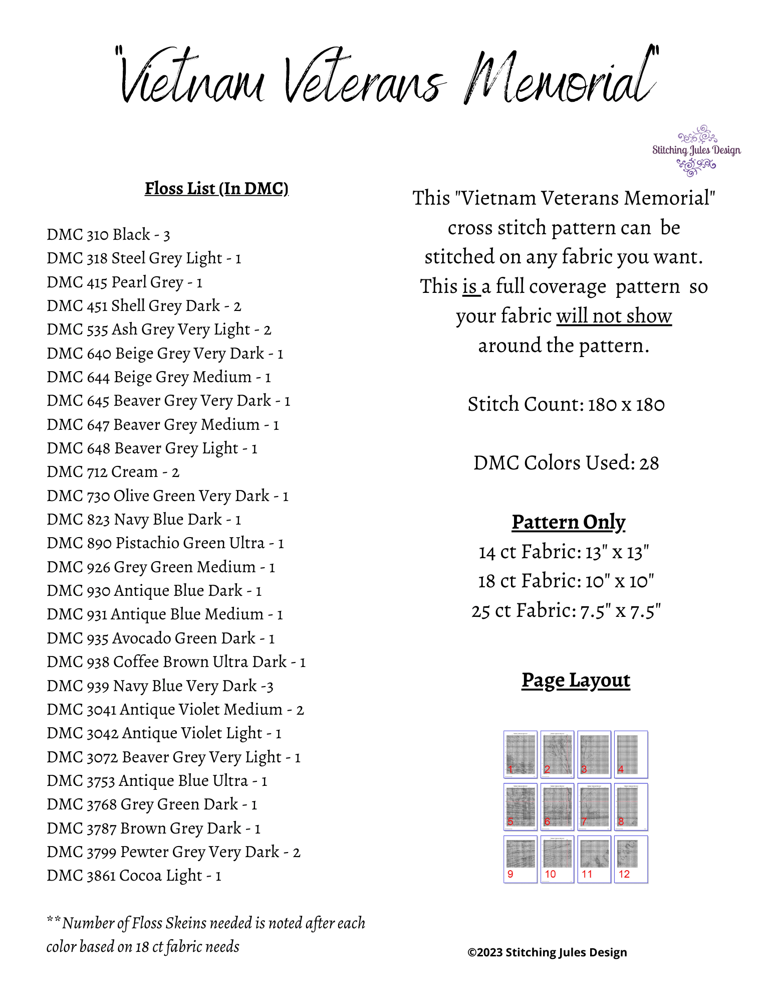 Stitching Jules Design Cross Stitch Pattern Vietnam Veterans Memorial Cross Stitch Pattern | Military Cross Stitch Pattern | Physical And Digital PDF Download Pattern Options