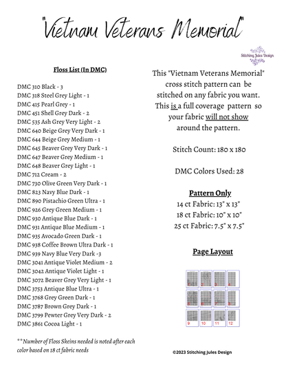 Stitching Jules Design Cross Stitch Pattern Vietnam Veterans Memorial Cross Stitch Pattern | Military Cross Stitch Pattern | Physical And Digital PDF Download Pattern Options