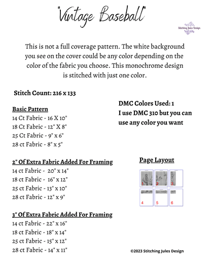 Stitching Jules Design Cross Stitch Pattern Vintage Baseball Sketch Cross Stitch Pattern | Blackwork | Instant PDF Download