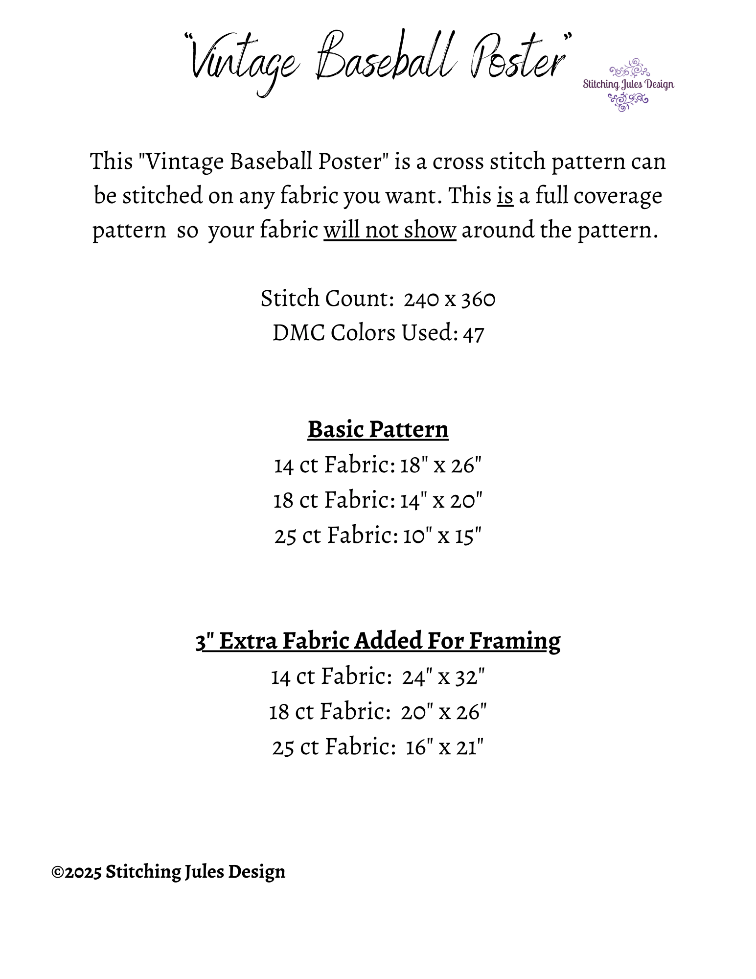 Stitching Jules Design Cross Stitch Pattern Vintage Baseball Sports Full Coverage Large Counted Cross-Stitch Pattern Digital Download