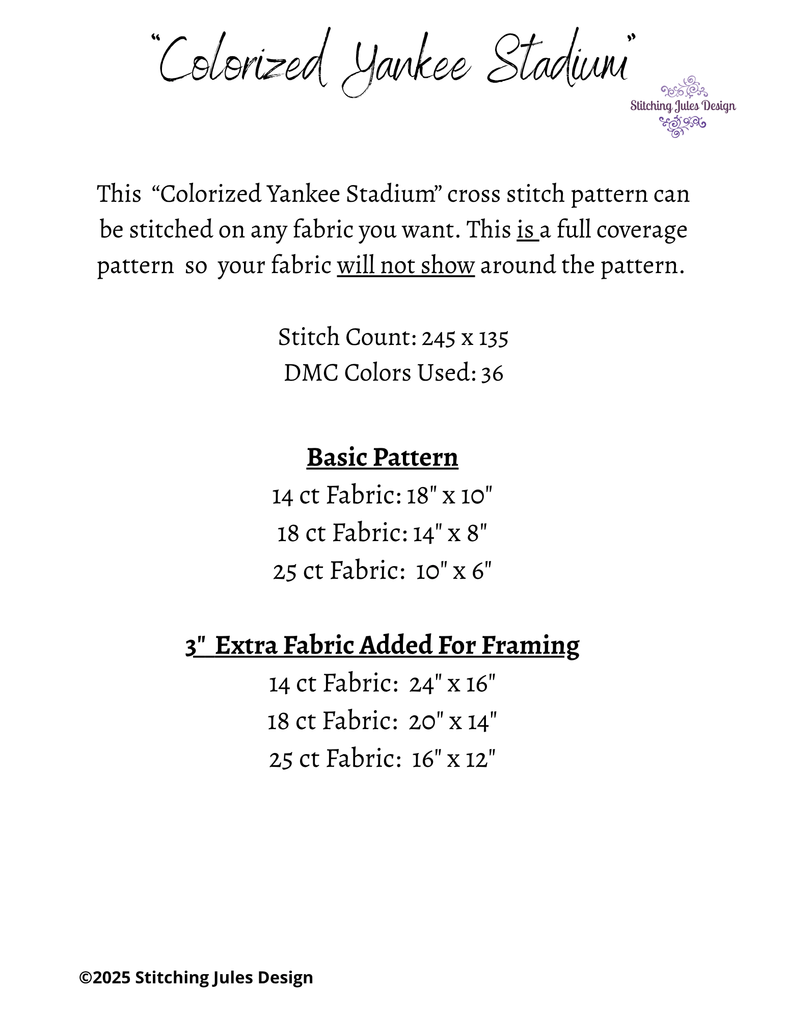 Stitching Jules Design Cross Stitch Pattern Vintage Baseball Yankee Stadium Full Coverage Counted Cross-Stitch Pattern (Digital Download)