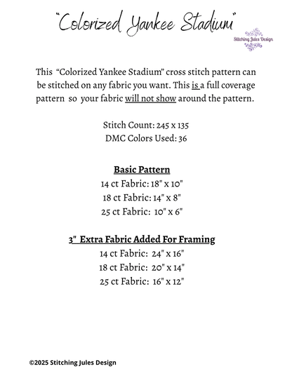 Stitching Jules Design Cross Stitch Pattern Vintage Baseball Yankee Stadium Full Coverage Counted Cross-Stitch Pattern (Digital Download)