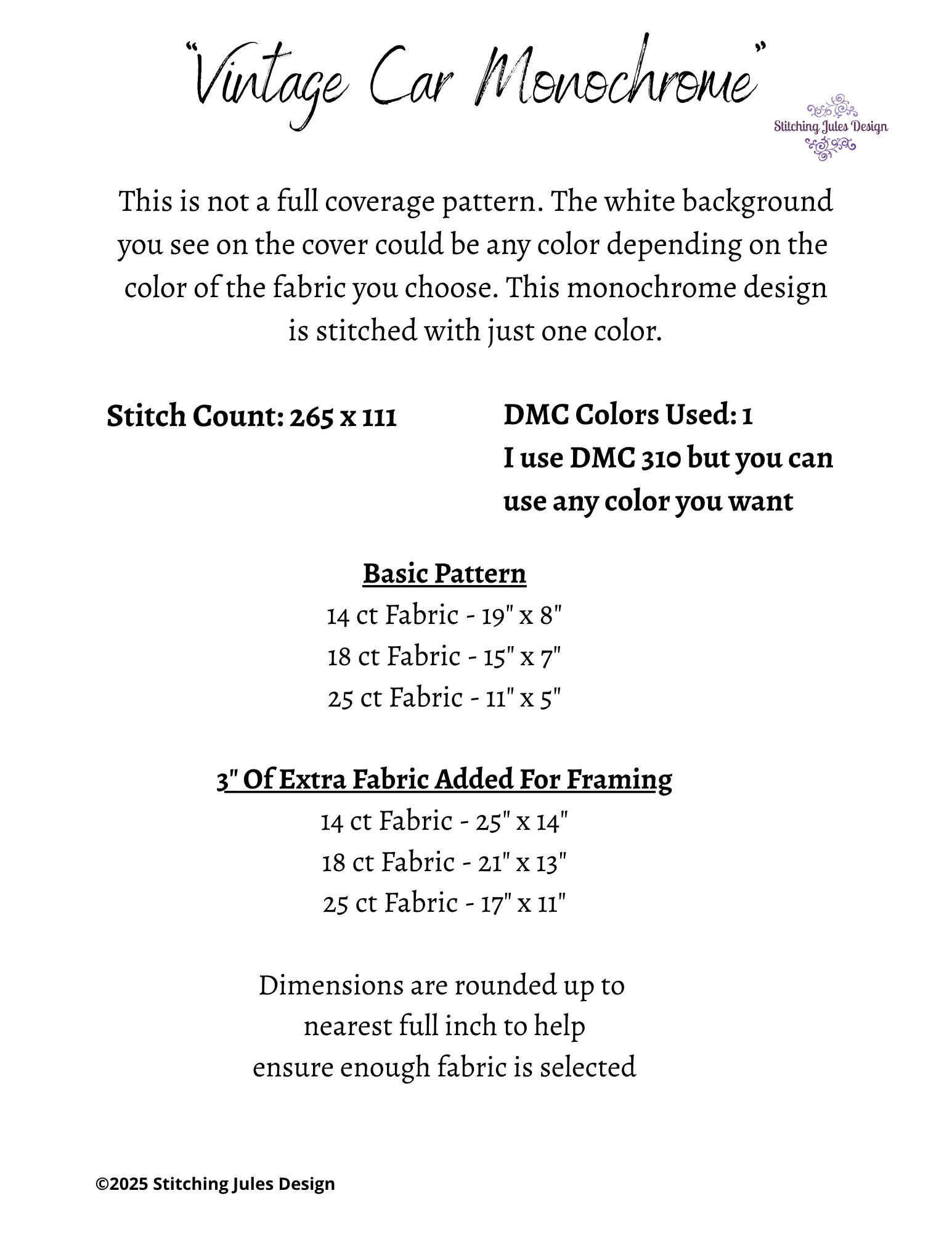 Stitching Jules Design Cross Stitch Pattern Vintage Car Auto Monochrome Counted Cross-Stitch Pattern (Digital Download)