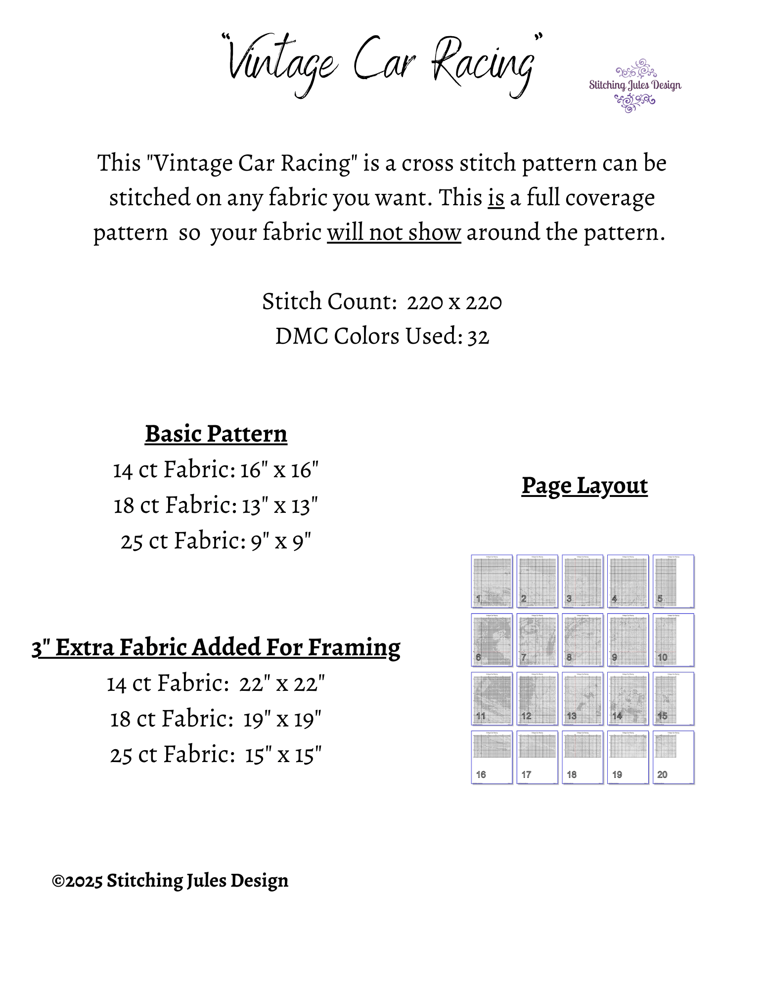 Stitching Jules Design Cross Stitch Pattern Vintage Car Auto Race F1 Sports Full Coverage Counted Cross Stitch Pattern Digital Download
