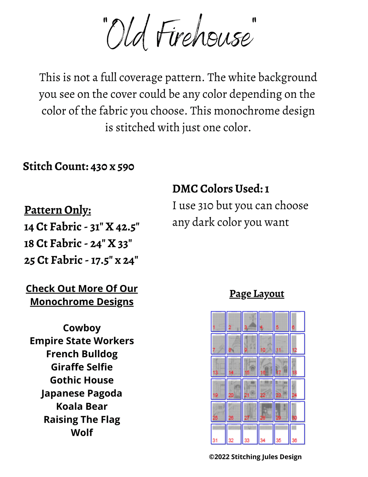 Stitching Jules Design Cross Stitch Pattern Vintage Firehouse Monochrome Sketch Cross Stitch Pattern