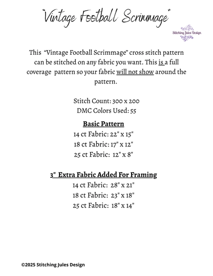 Stitching Jules Design Cross Stitch Pattern Vintage Football Sports Game Full Coverage Counted Cross-Stitch Pattern (Digital Download)