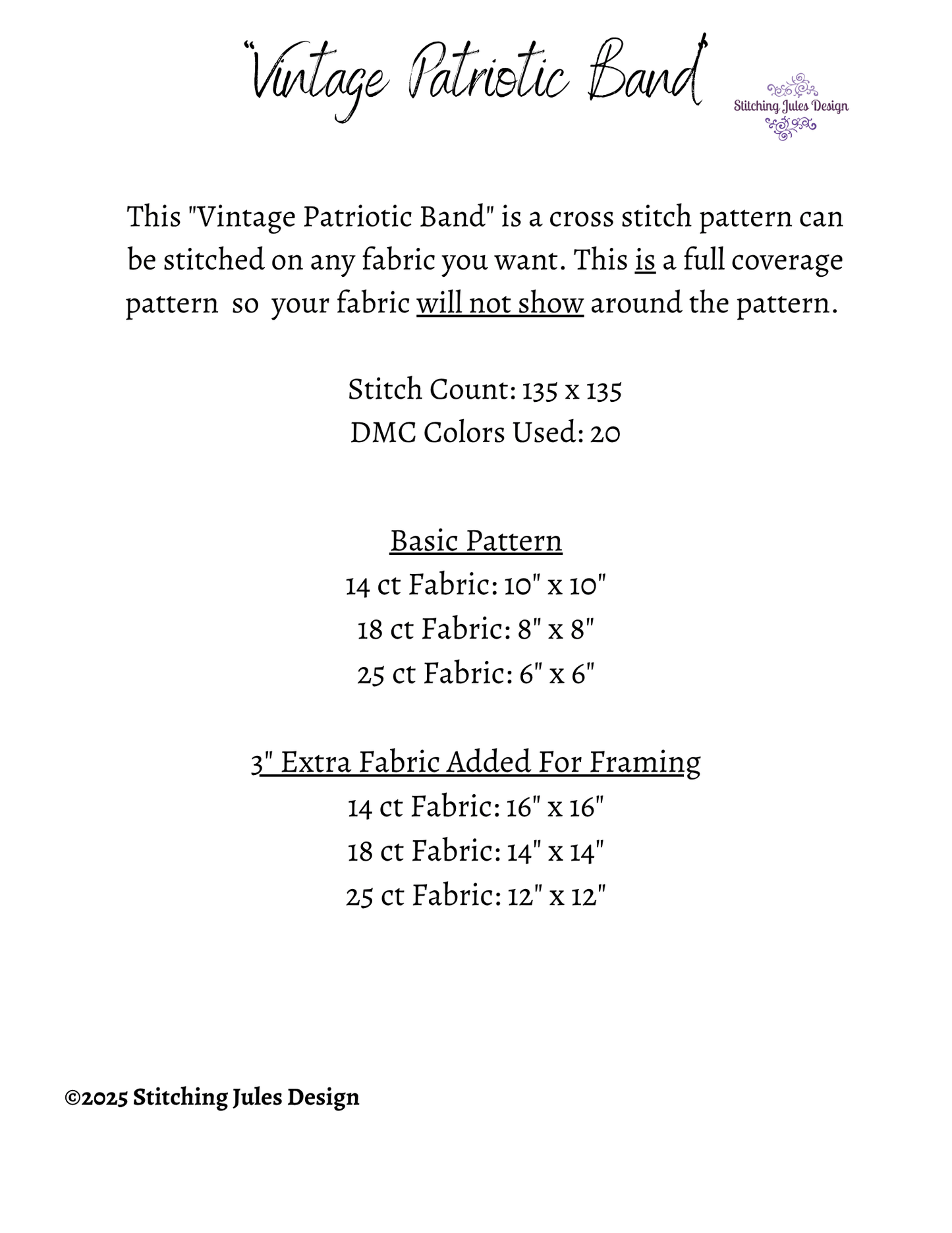 Stitching Jules Design Cross Stitch Pattern Vintage Patriotic Band Music Americana America Full Coverage Counted Cross Stitch Pattern Digital Download
