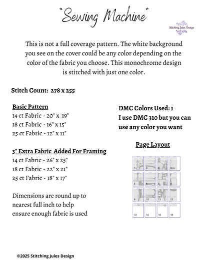 Stitching Jules Design Cross Stitch Pattern Vintage Sewing Machine Embroidery Crafting Monochrome Counted Cross Stitch Pattern Digital Download