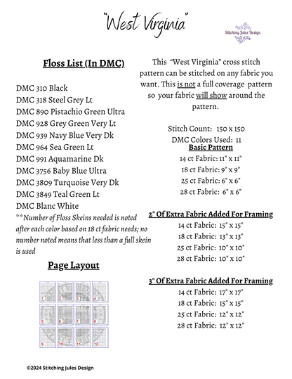 Stitching Jules Design Cross Stitch Pattern West Virginia US State Counted Cross Stitch Pattern | Instant Download PDF