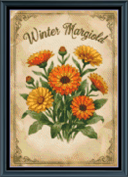 Stitching Jules Design Cross Stitch Pattern Winter Marigold Flower Floral Full Coverage Counted Cross-Stitch Pattern (Digital Download)