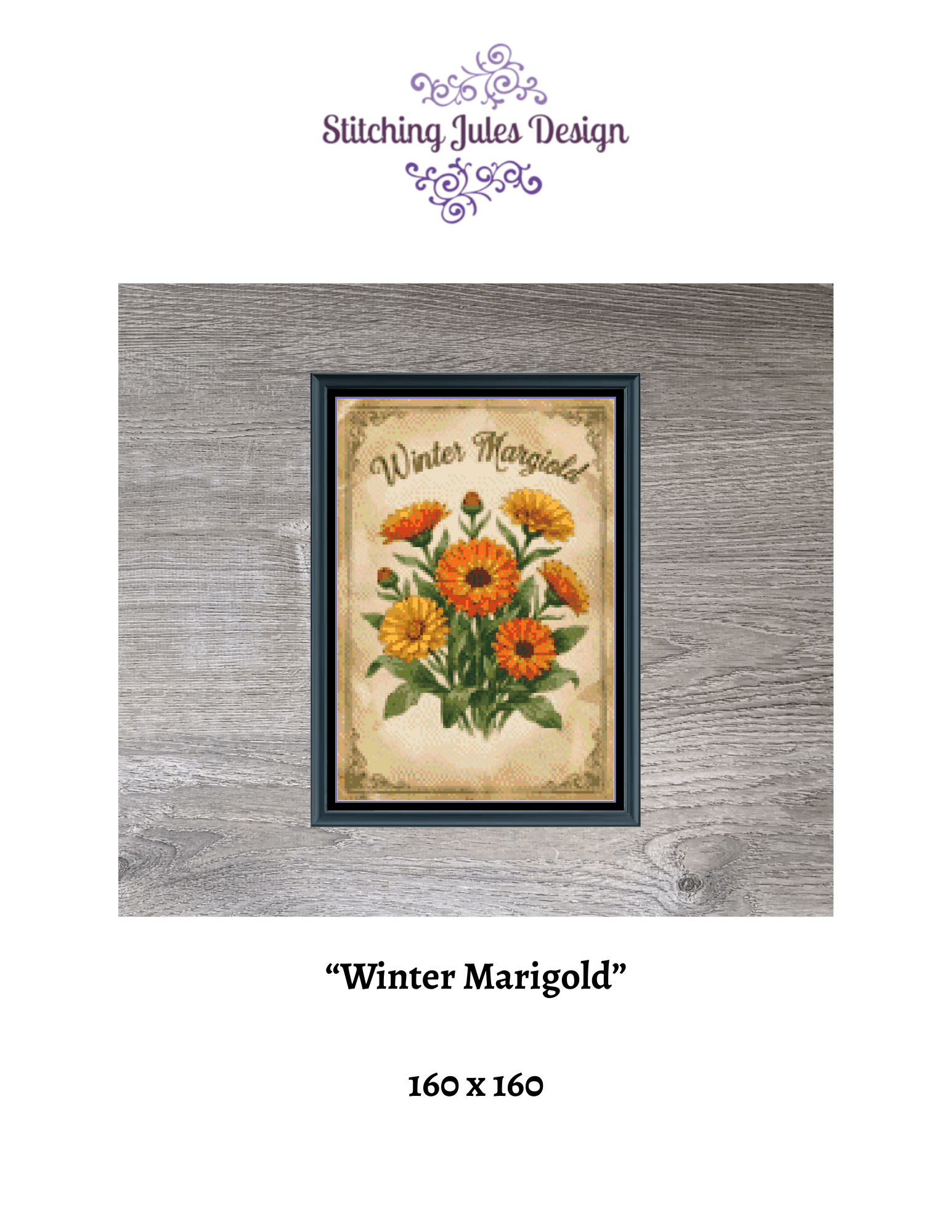 Stitching Jules Design Cross Stitch Pattern Winter Marigold Flower Floral Full Coverage Counted Cross-Stitch Pattern (Digital Download)