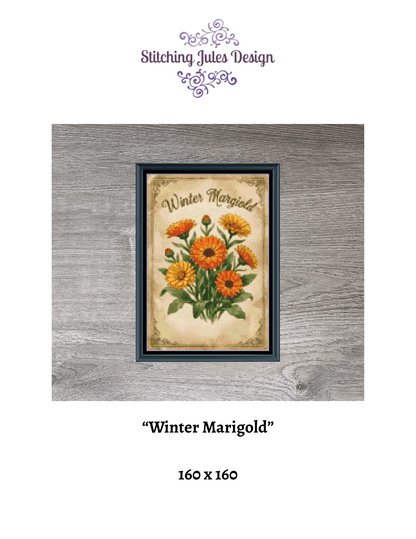 Stitching Jules Design Cross Stitch Pattern Winter Marigold Flower Floral Full Coverage Counted Cross-Stitch Pattern (Digital Download)