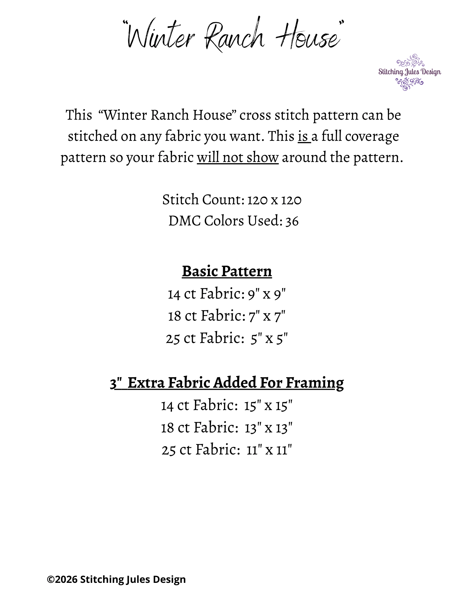 Stitching Jules Design Cross Stitch Pattern Winter Ranch House Farm Full Coverage Mini Counted Cross-Stitch Pattern (Digital Download)