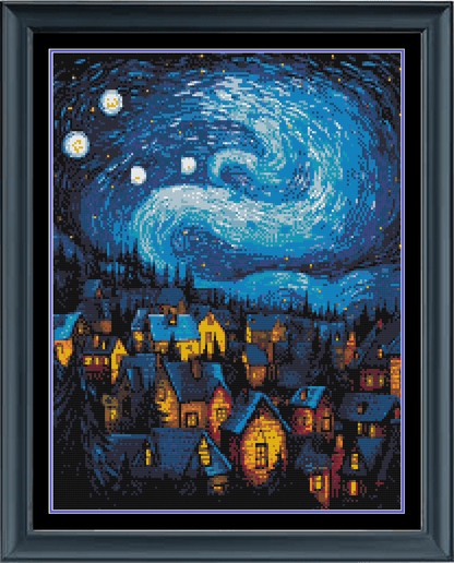Stitching Jules Design Cross Stitch Pattern Winter Village Starry Night Van Gogh Counted Cross Stitch Pattern | Full Coverage | Instant Download PDF