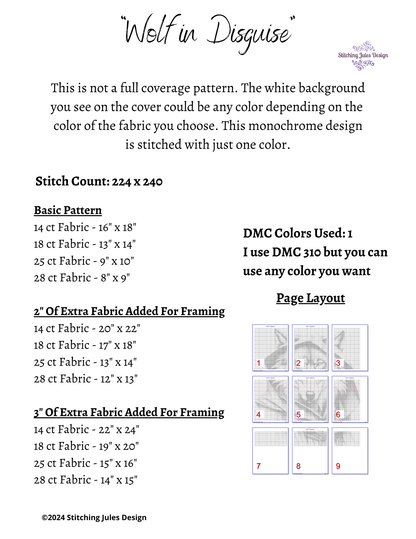 Stitching Jules Design Cross Stitch Pattern Wolf in Disguise Monochrome
