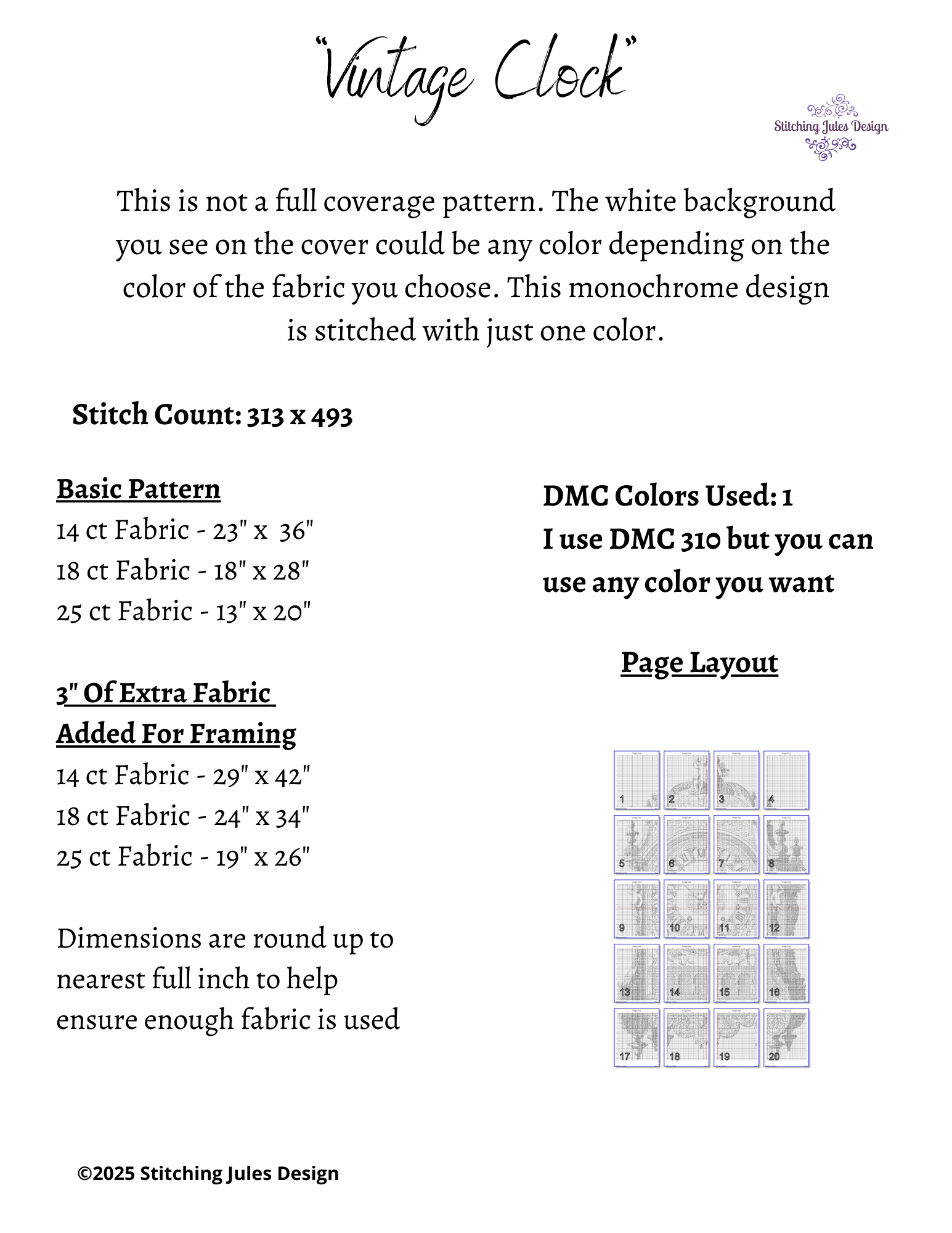 Stitching Jules Design Vintage Clock Time Piece Monochrome Blackwork Counted Cross Stitch Pattern Digital Download