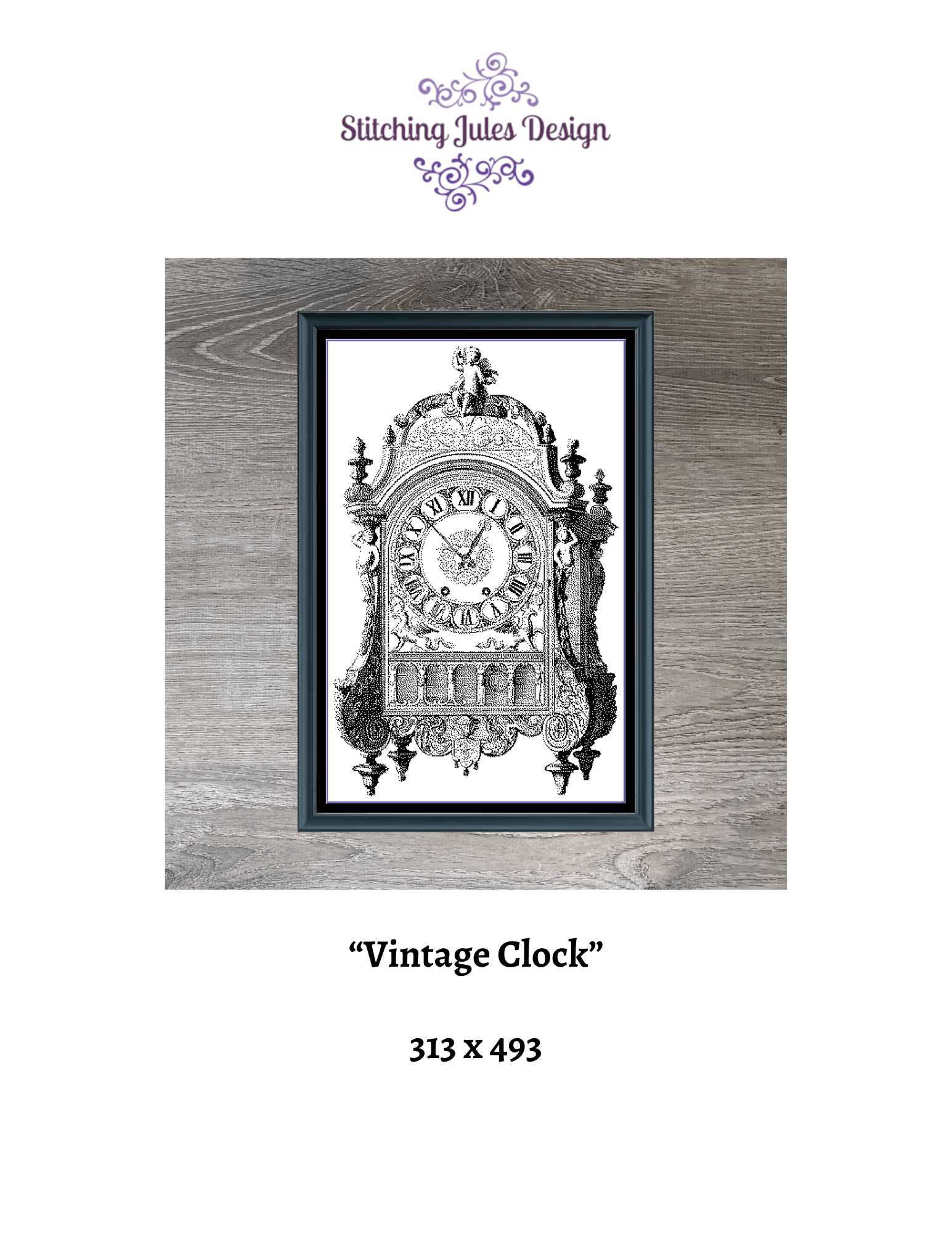 Stitching Jules Design Vintage Clock Time Piece Monochrome Blackwork Counted Cross Stitch Pattern Digital Download
